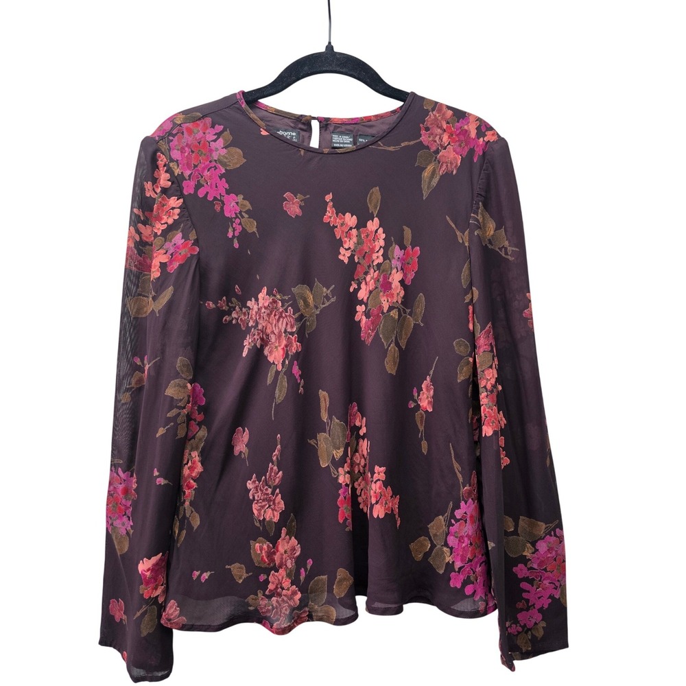 Liz Claiborne Petite Floral Blouse Plum Purple Long Sleeve Mesh Overlay Size 10P